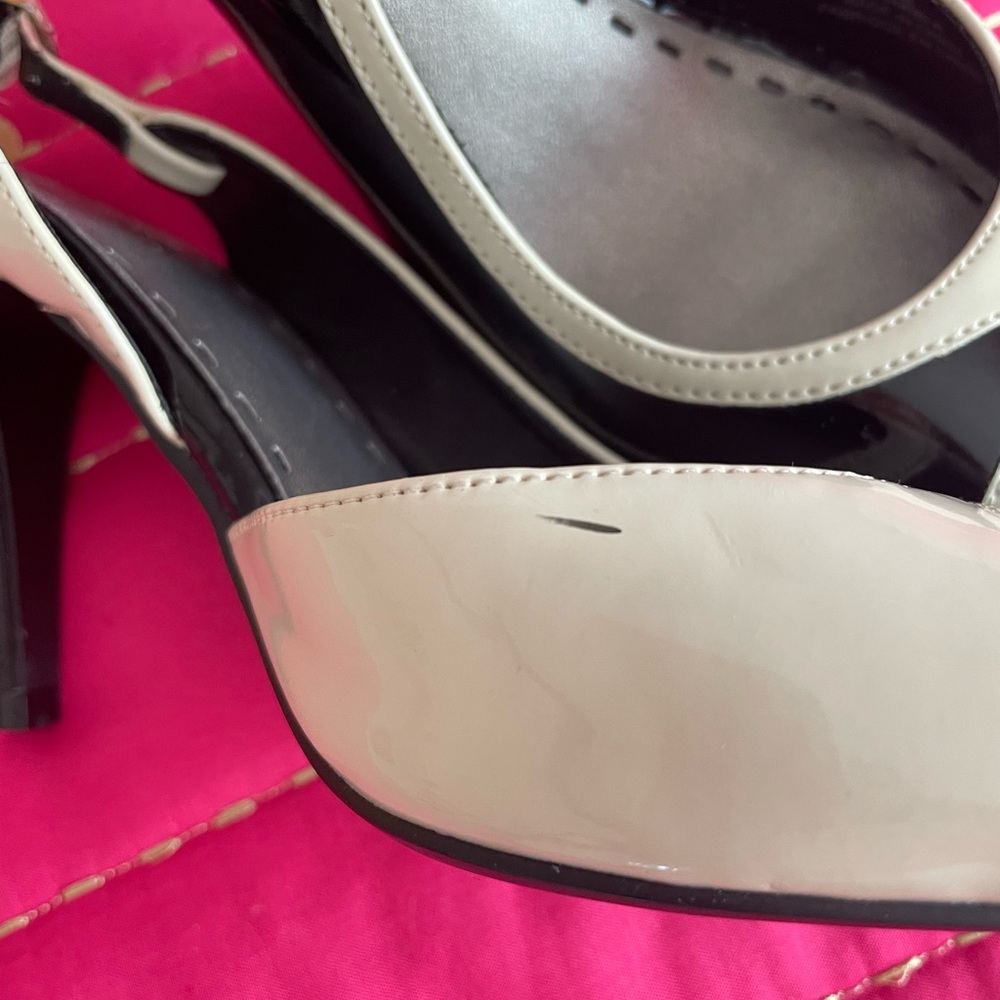 EXPRESSION:  Black and Cream Peep Toe Heels - Picture 5 of 5